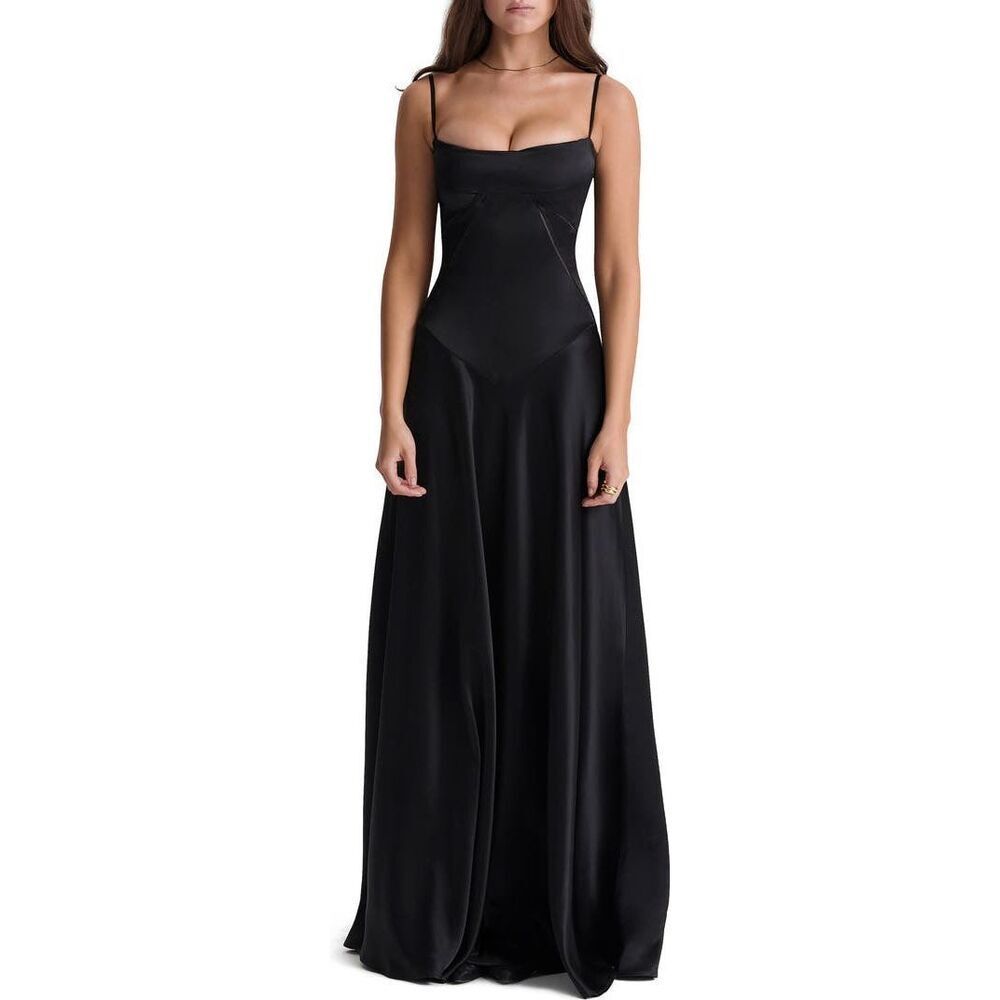 House Of CB Women's Black Anabella Fitted Bodice Lace-Up Satin Gown Large NWOT